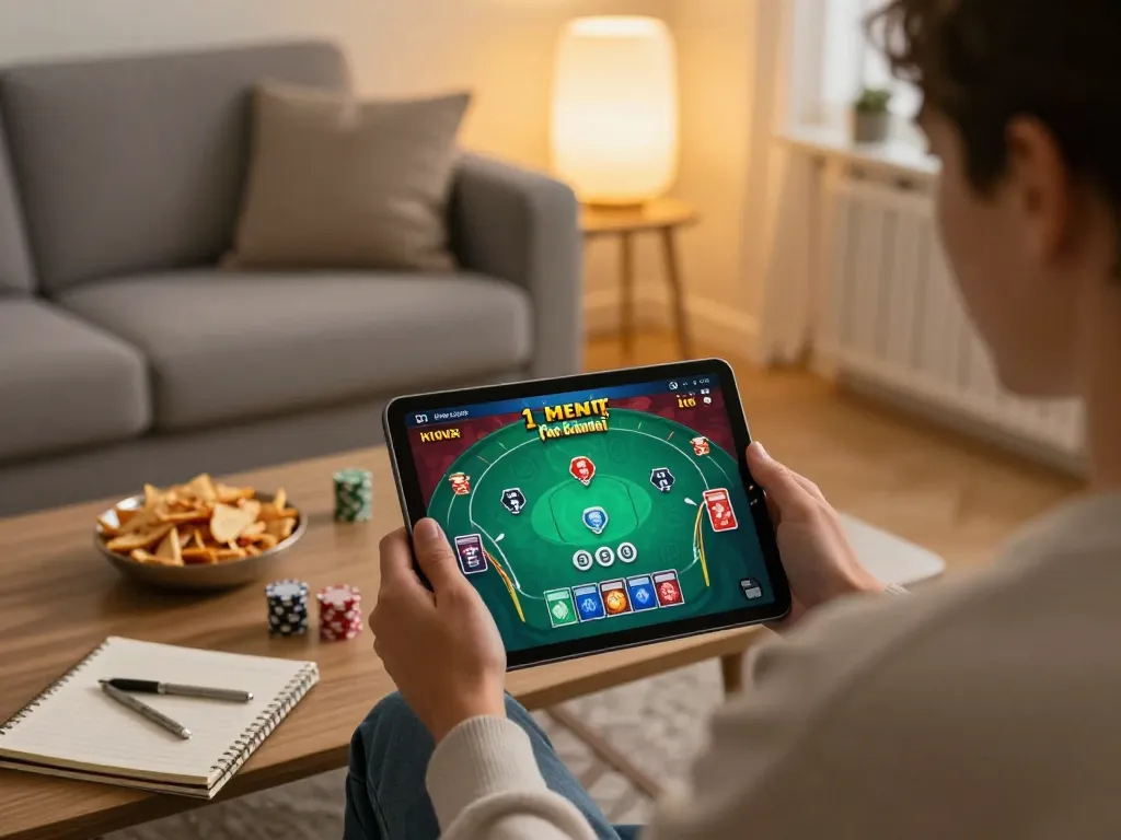 Player engaging in online poker on tablet, showcasing lsa interaction, snacks, and strategy notes.