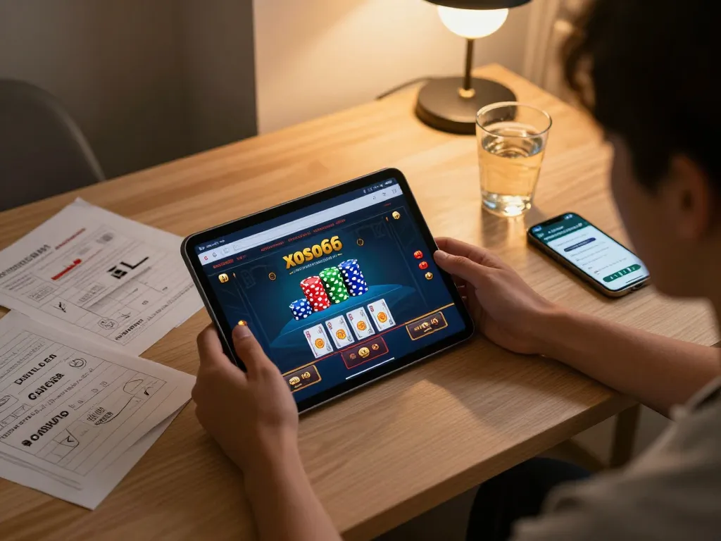 xoso66 player engaging in online casino games on a tablet in a cozy home office setting