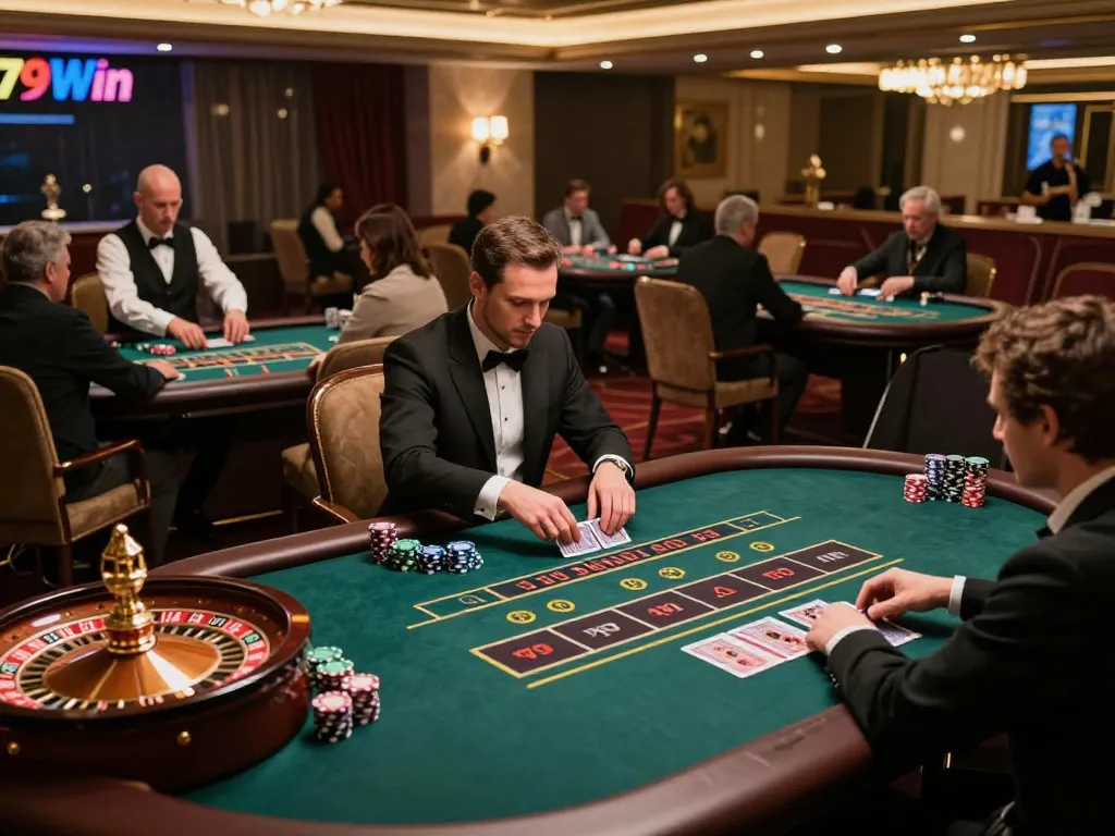 Experience the excitement of gaming at 79win's live dealer casino with engaged players and vibrant decor.