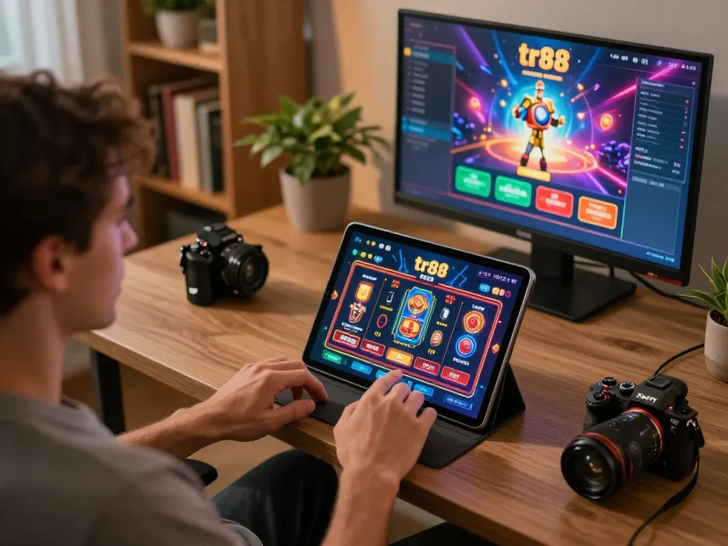 Playing tr88 casino games online on a tablet with a stylish home setup and engaging visuals.
