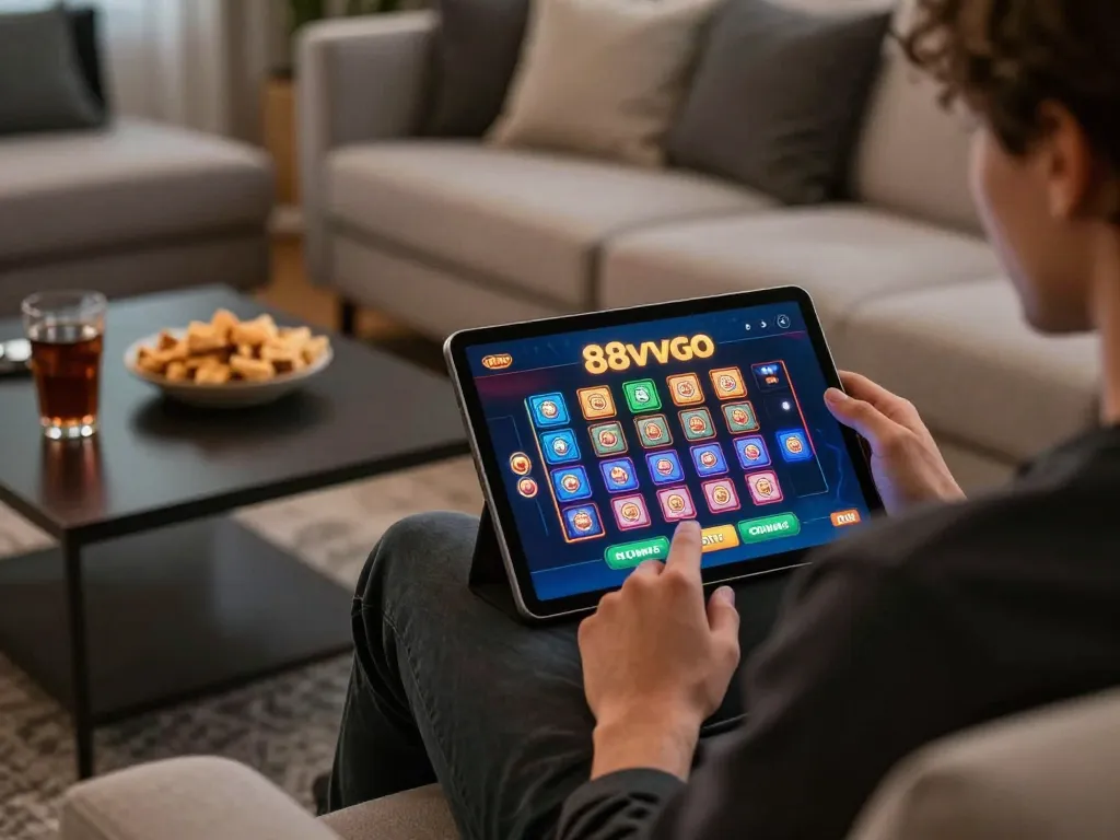 Engage in thrilling online gameplay at 88vvgo on your tablet, surrounded by a cozy home setting.