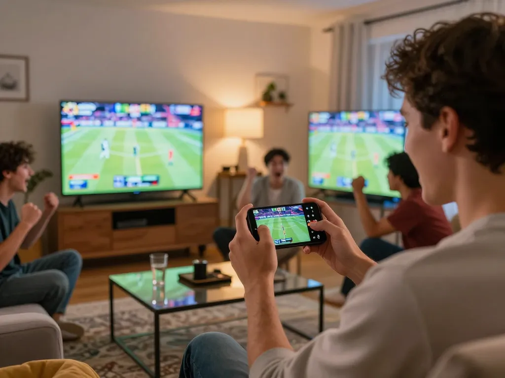 Person using 1gom to place sports bets while watching live game, vibrant home atmosphere.