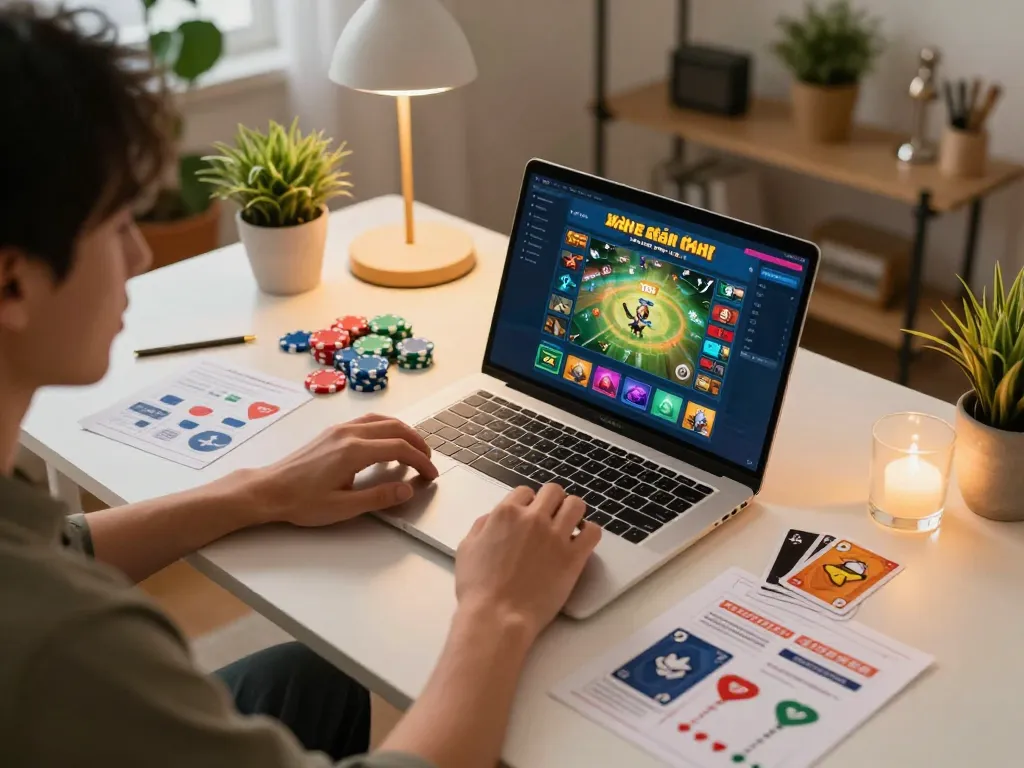 Engaged player enjoying game bài đổi thưởng on laptop in cozy home setting with gaming elements