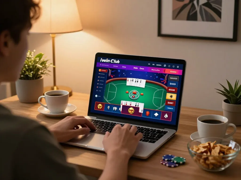 Engaged player exploring iwin club on laptop at home with coffee, showcasing fun gambling.