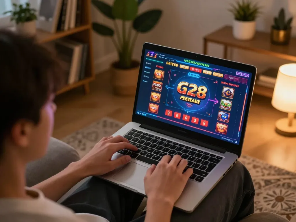 G28 online gaming session with player focused on casino interface in a cozy atmosphere