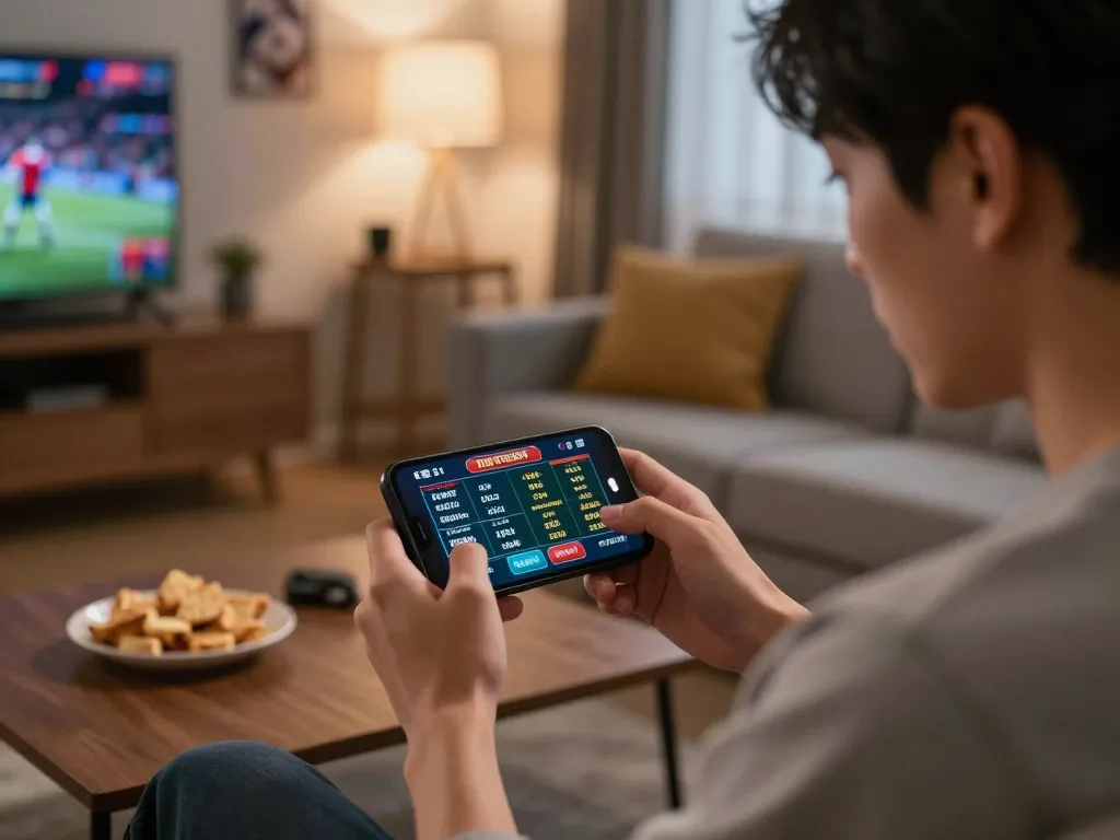Player reviews odds while betting on xin88 using smartphone in a cozy home setting