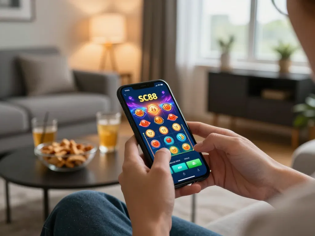 SC88 mobile gambling setup showcasing a user placing a bet in a cozy home environment