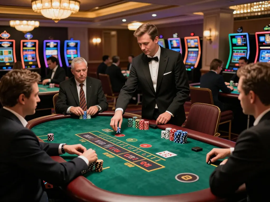 SV66 players strategizing bets at an upscale blackjack table in an elegant casino.