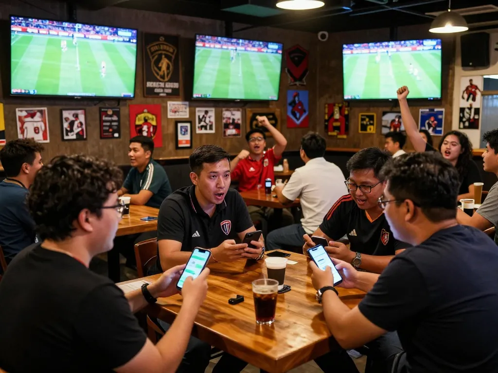 Fans engaging in spirited discussion while placing bets using soi kèo bóng đá apps at a lively sports bar