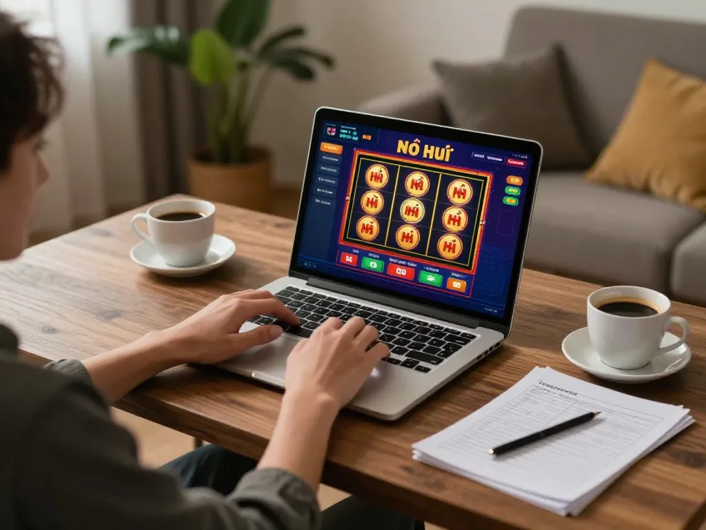 Player engaging with Nổ hũ slots on laptop, surrounded by cozy home elements, showcasing online gaming atmosphere.