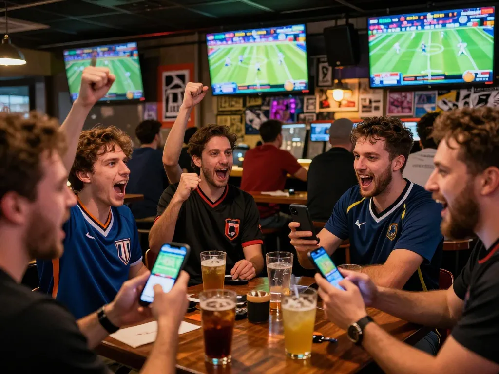 Engaging sports betting scene with qh88go showing live games and excited patrons cheering