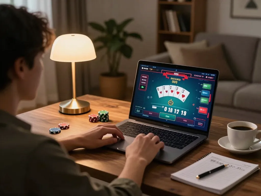 Engaged in online gaming at home, exploring casino lc88 for strategic poker gameplay.