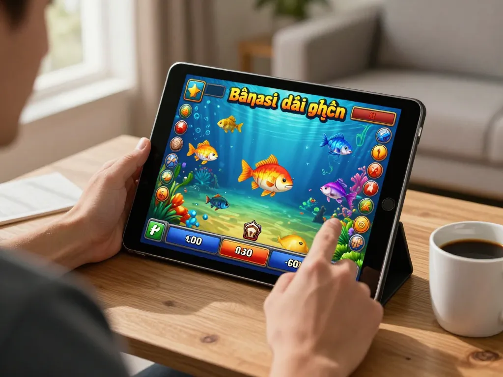 Bắn cá đổi thưởng game on tablet reveals exciting underwater graphics while player strategizes for winning