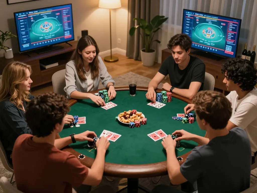 Friends enjoying an exciting fn7 online poker night with colorful chips and strategies