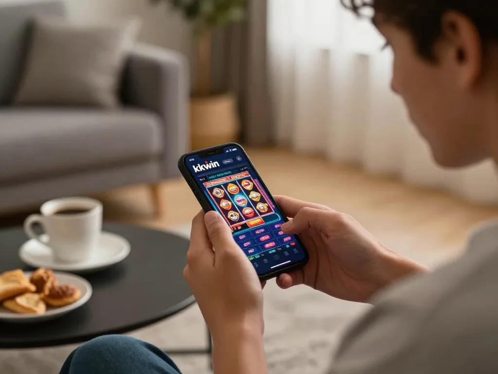 Player immersed in kkwin app gameplay on smartphone in cozy home setting, showcasing responsible gambling.