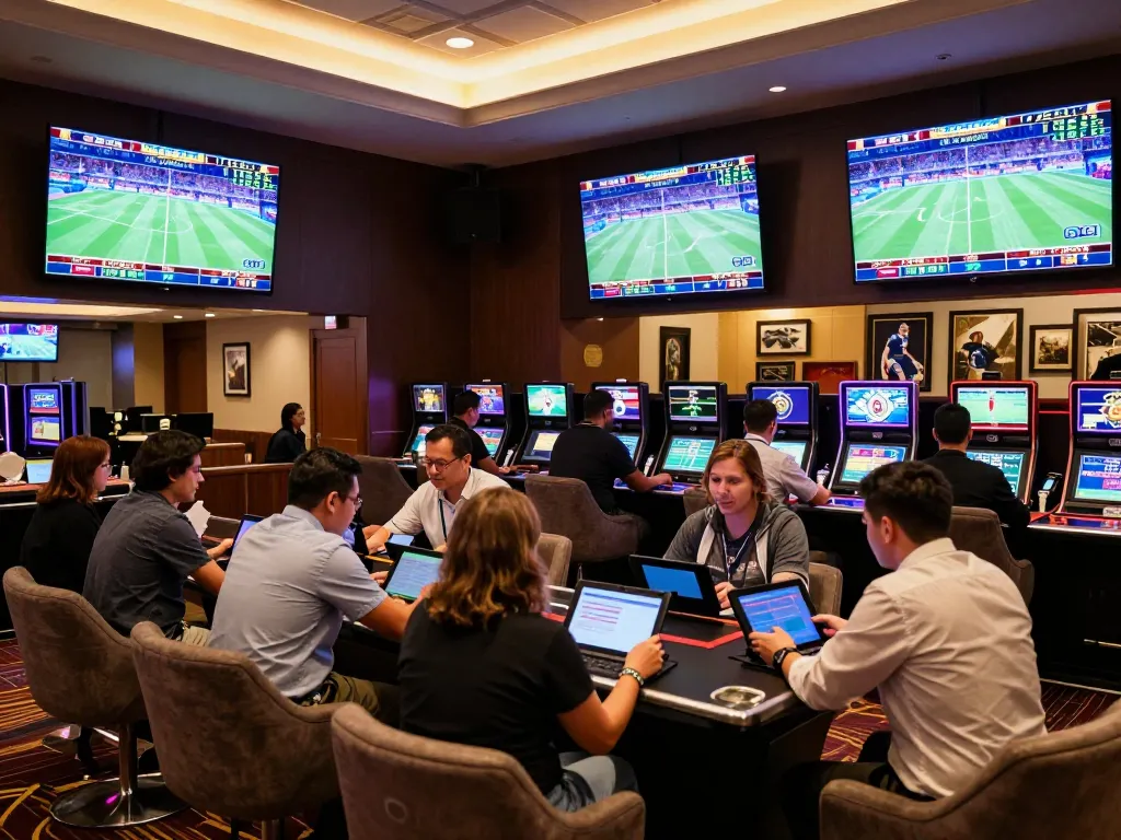Kèo nhà cái betting action in a bustling casino sports lounge with live screens and enthusiastic bettors.