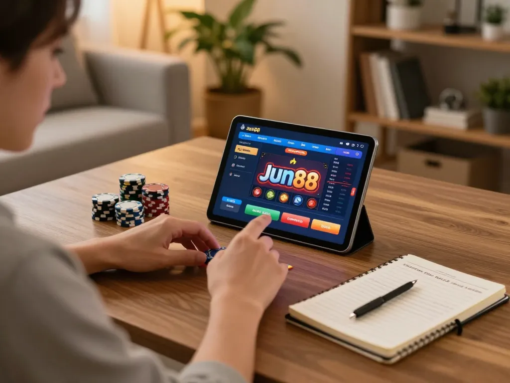 Engaging person using Jun88 casino app on tablet in cozy home gaming setup.