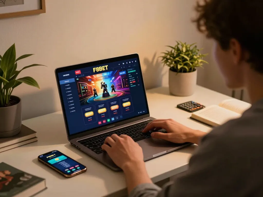 Player engaged in strategic gameplay using F8BET on their laptop with a cozy atmosphere.