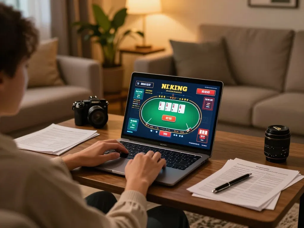 Bongdallu user engaging in online casino poker strategy at home with warm lighting.
