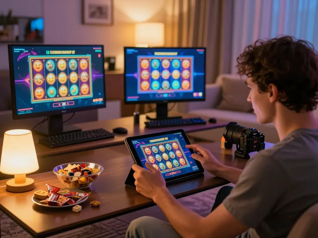 Engaging home gaming scene showcasing a player immersed in nhacaiuytinn slot games on a tablet, embodying strategic online entertainment