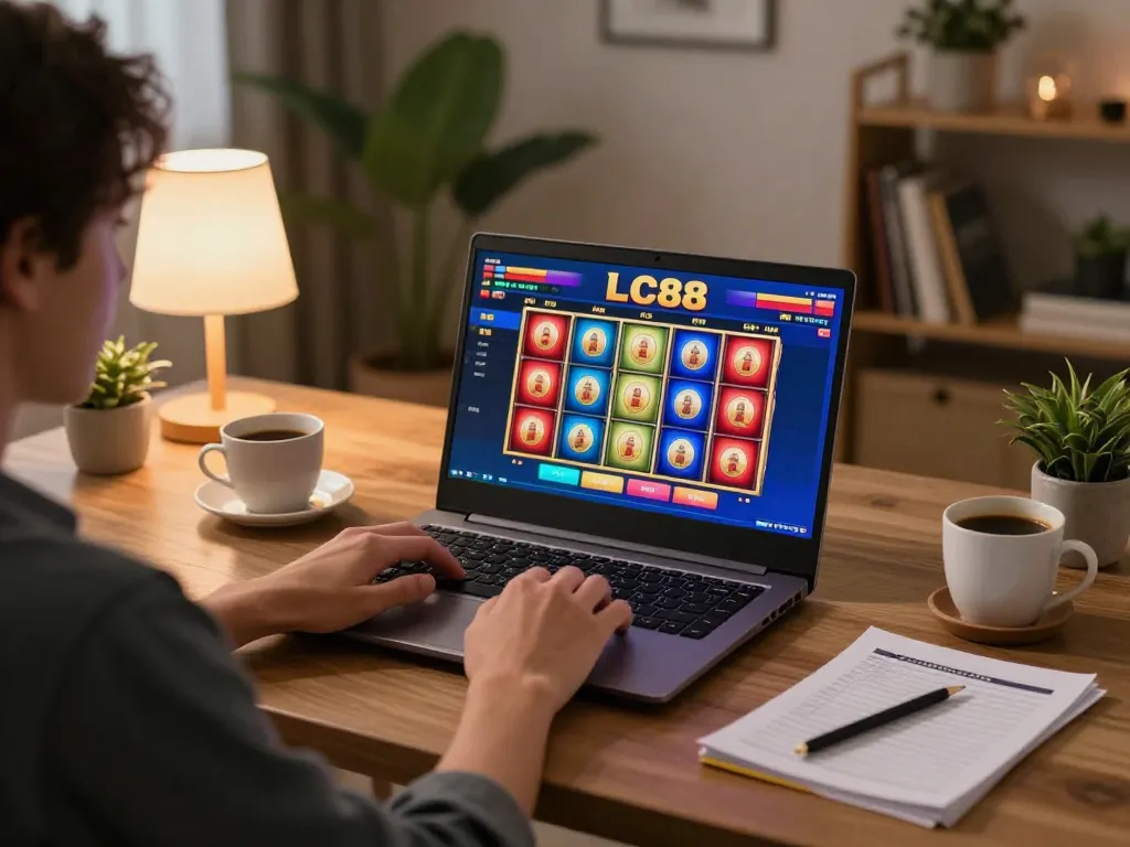 Engaging in LC88 online gaming with colorful slot reels visible on the laptop screen