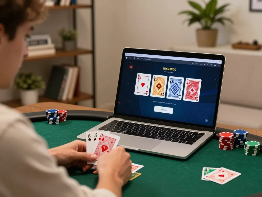 Engaged player evaluating poker strategies on their laptop while playing vb88 online.