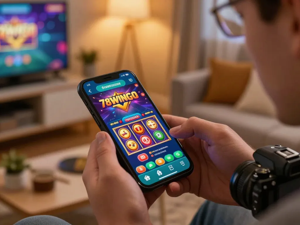 Engaging with the 78wingo casino app on smartphone, showcasing vibrant online gaming atmosphere.