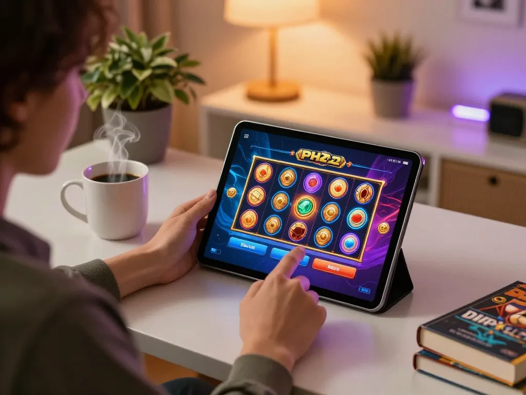 Player enjoying the PH22 online casino app on a tablet, surrounded by a cozy home environment