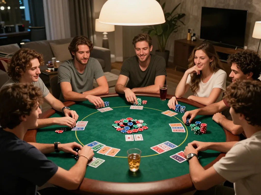 BL555 participants engaging in an exciting home poker game with colorful chips and warm ambiance.