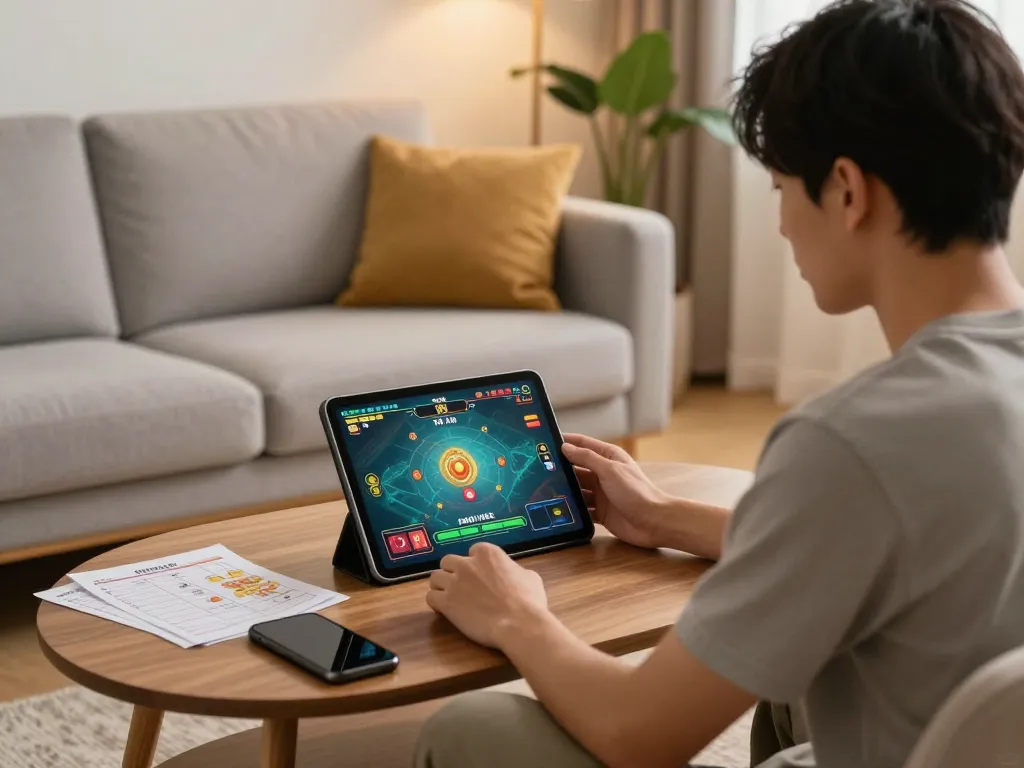 Engaging with Tài Xỉu online on taixiuonline8 in a cozy home setting, tablet gameplay visible.