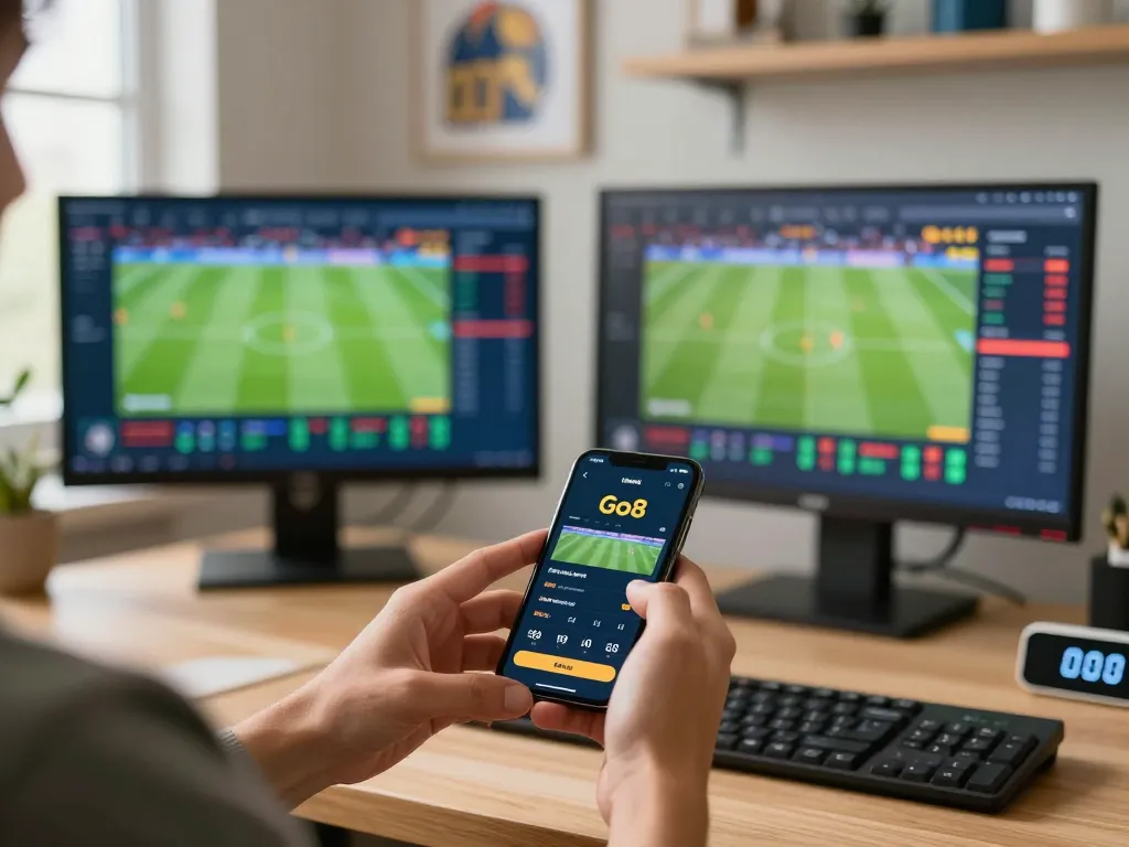 Engaged bettor using Go8 app on smartphone for sports betting in a modern setup.
