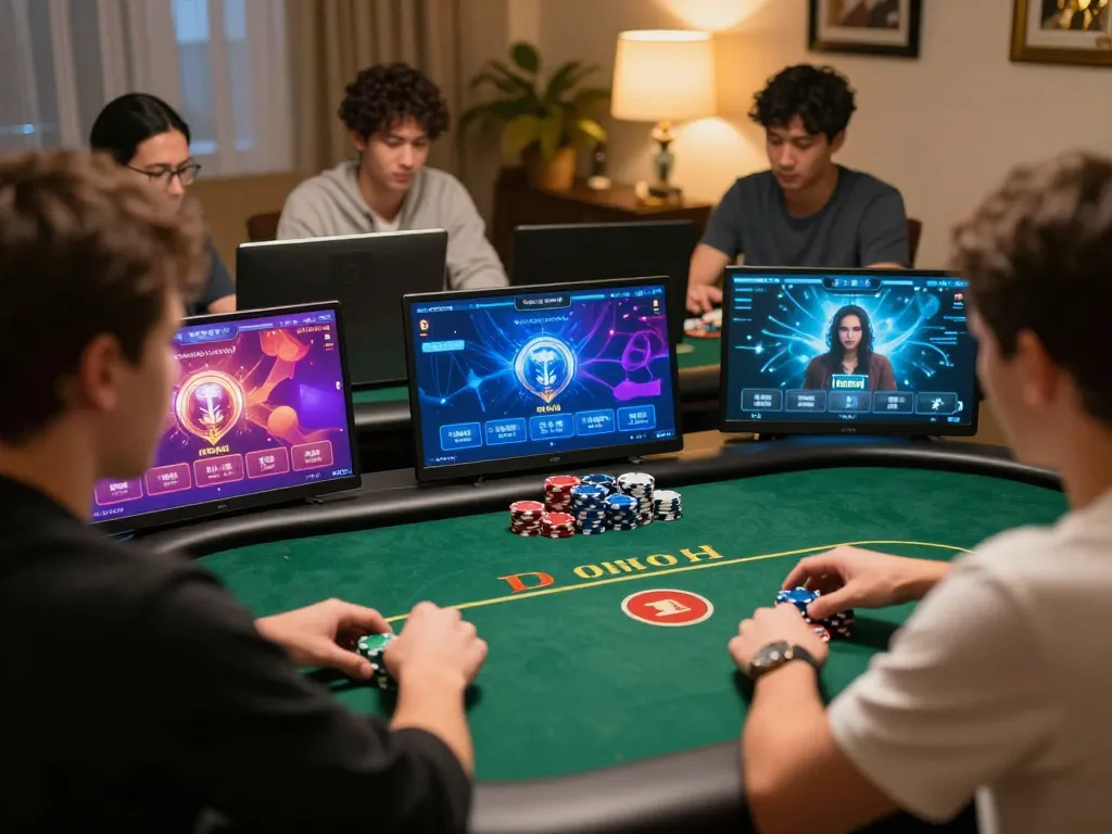 Pucuk138 online poker table showcasing players making strategic bets in a competitive home setting.