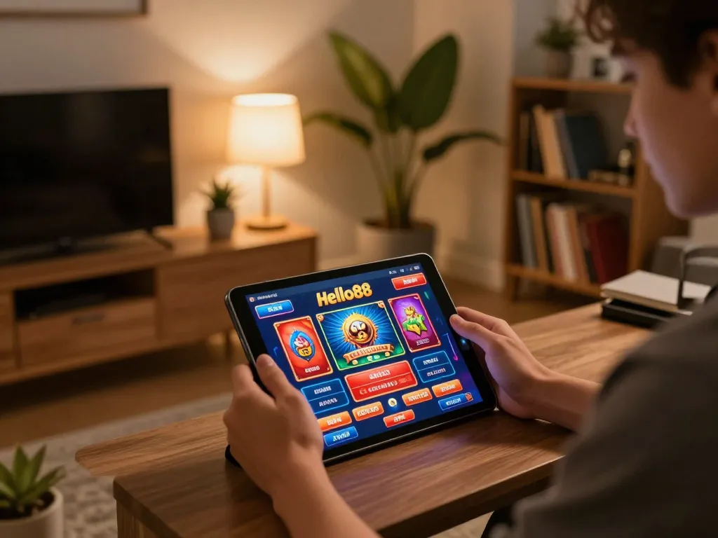 Experience strategic gameplay with Rachit at Hello88's online casino on a cozy tablet setup.