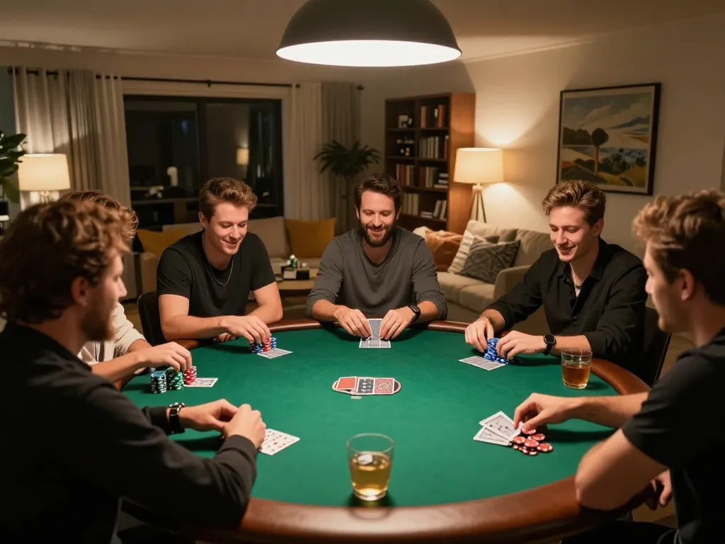 Engaged group enjoying poker night with friends at home, capturing the excitement and strategy on vsc10's platform.