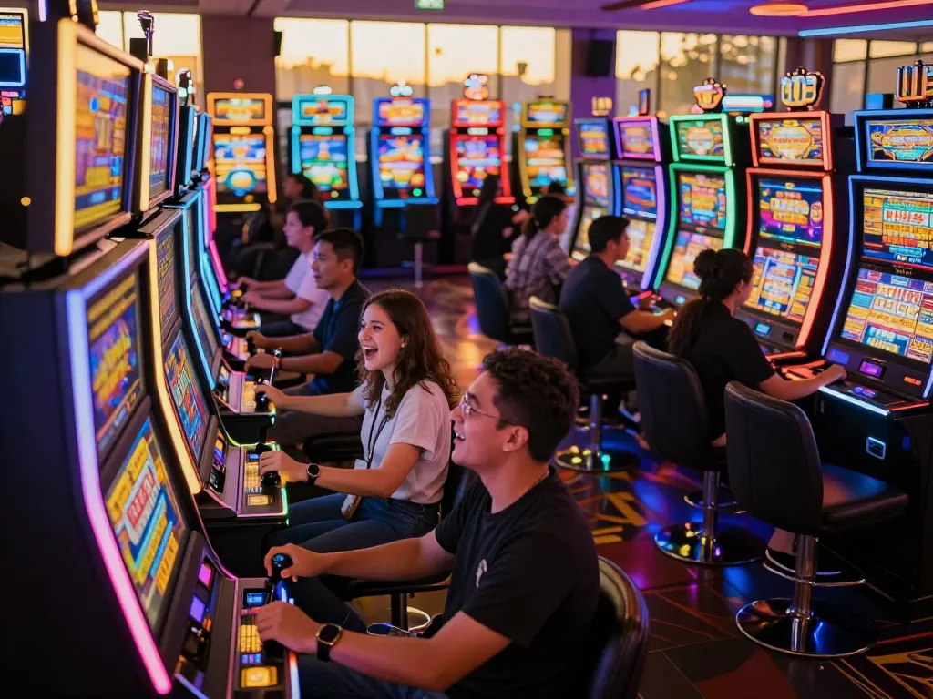 Slot Malaysia players enjoying vibrant slot machines in a busy casino atmosphere.