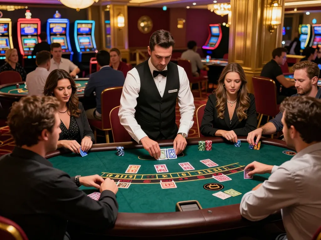 Engaged players strategizing at the blackjack table in the glamorous setting of 789betgo casino.