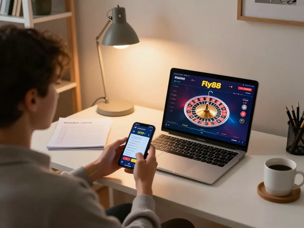 Engaging with fly88 casino app in a cozy online gaming setup at home.