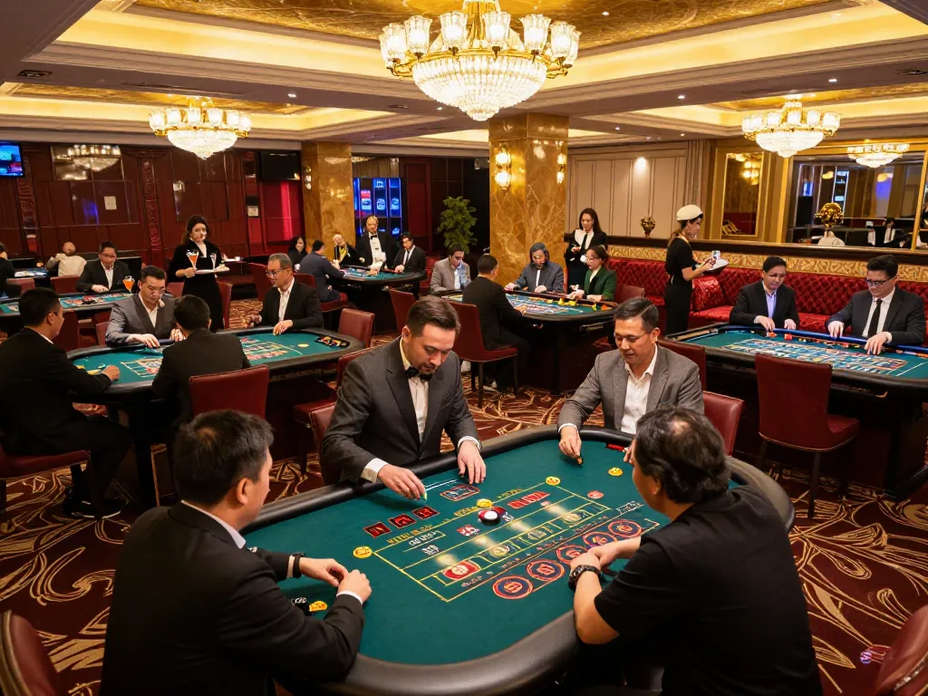 Explore dynamic gambling action at keonhacaii88's casino, with players placing bets on roulette tables surrounded by luxurious decor.