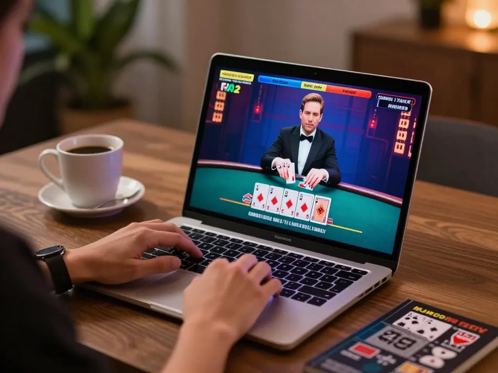 Bong88 player engaged in live dealer blackjack with laptop, showcasing immersive gaming experience.