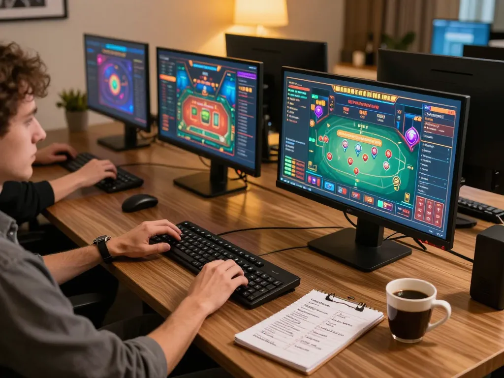 Engaged player using Luck8 online casino on multiple screens, highlighting strategic gameplay.