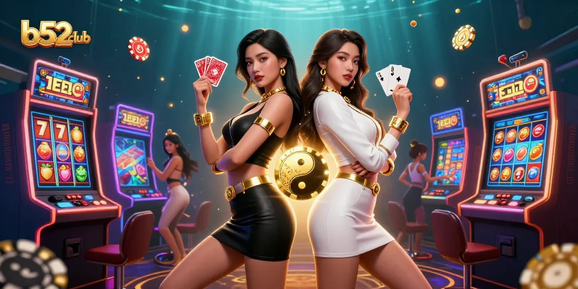 Engage with b52club as twin Asian women showcase their skills in a vibrant casino setting.