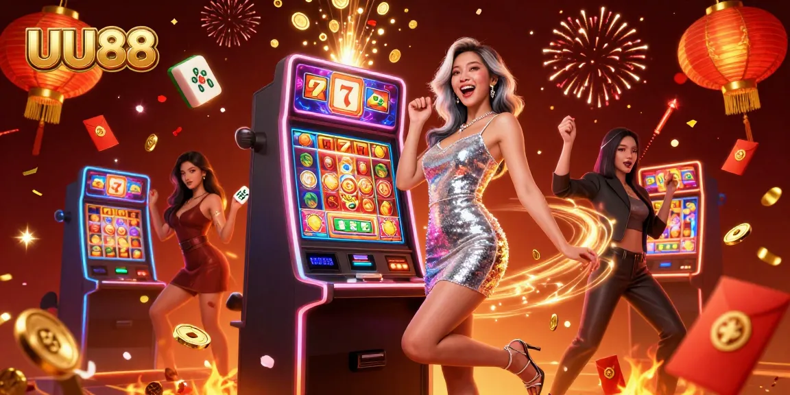 Celebrate big wins at UU88 with dynamic slot action, neon lights, and rich gambling elements.