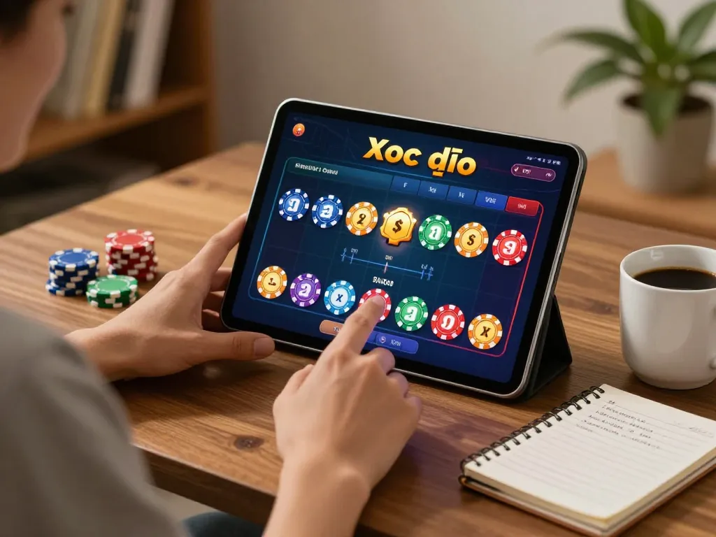 xóc đĩa online being played on a tablet with colorful interface and chips on screen.