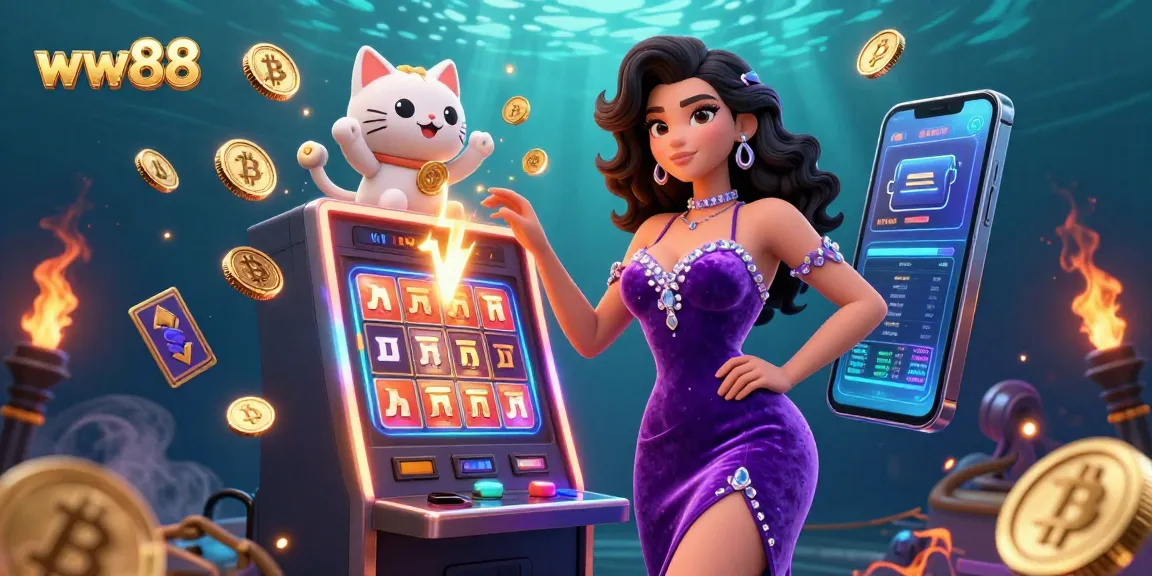 Win big at ww88 with exciting slot machines and vibrant crypto elements in this engaging scene.