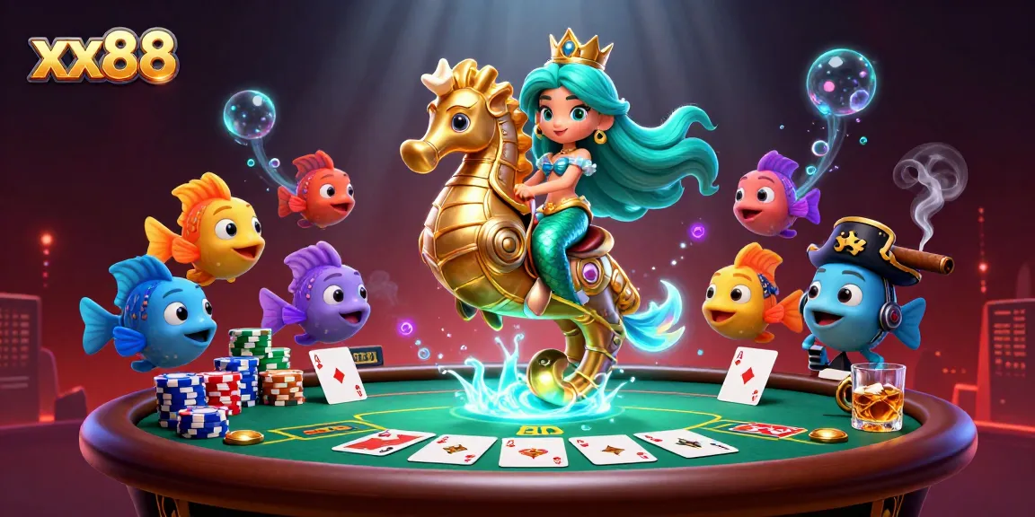 Experience excitement with xx88 in vibrant 3D casino illustration featuring mermaid and poker elements.