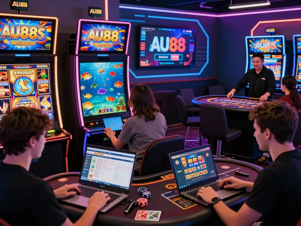 Diverse players enjoying various games on AU88, showcasing slot machines, 3D fish shooting, and live casino interactions.