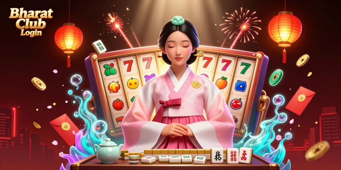 Bharat Club Login offers a thrilling casino experience with slot reels, surrounded by festive elements and a serene character.