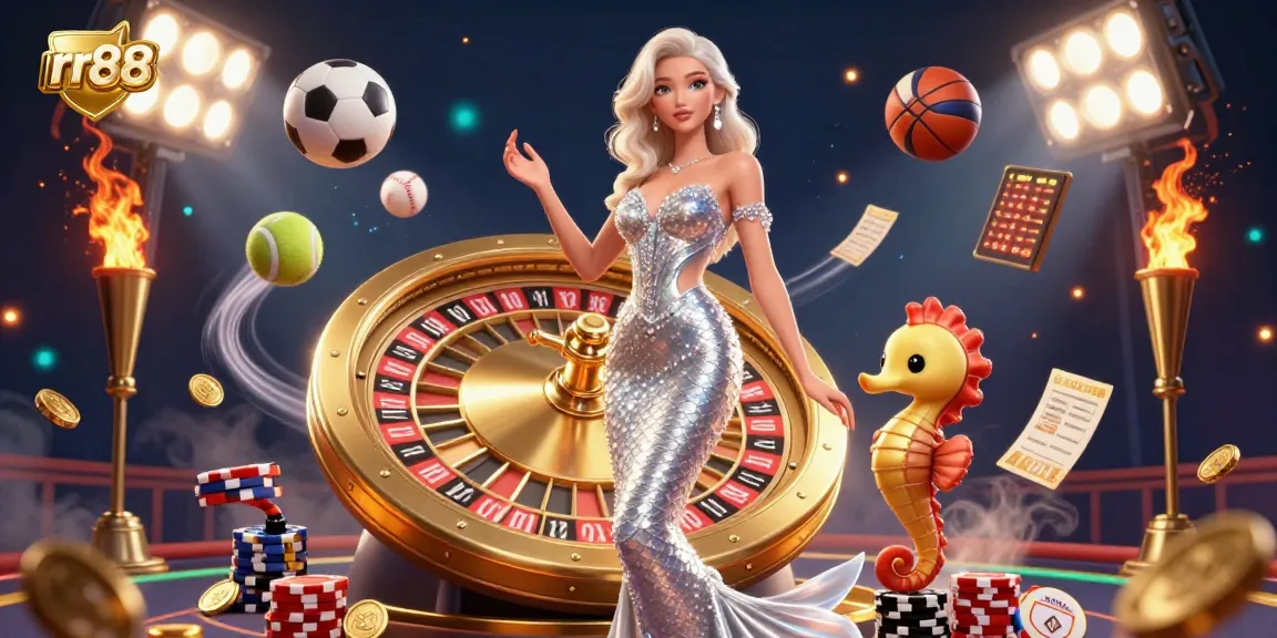 rr88 engages in thrilling casino action next to a golden roulette wheel, capturing dynamic gambling excitement.