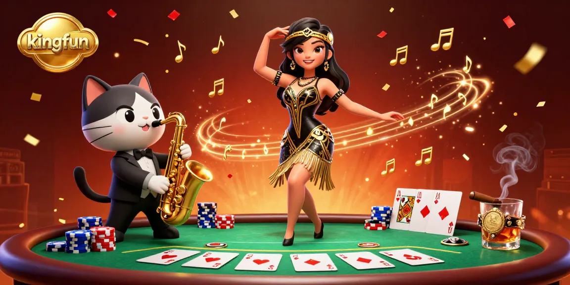 Engage with kingfun's vibrant casino scene featuring flapper dancers and poker excitement.