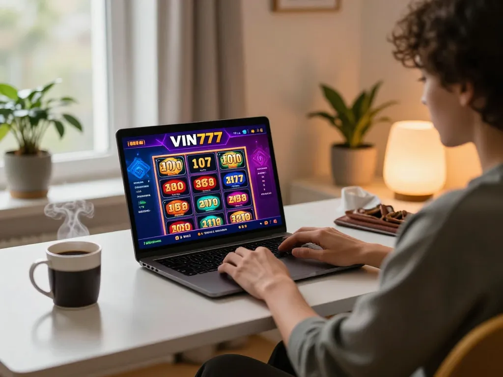 Engaging with VIN777 online casino games in a cozy home setup, showcasing strategic gameplay.